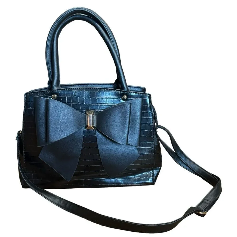Grossi Croc Crocodile Embossed Satchel Handbag Purse with Large Bow